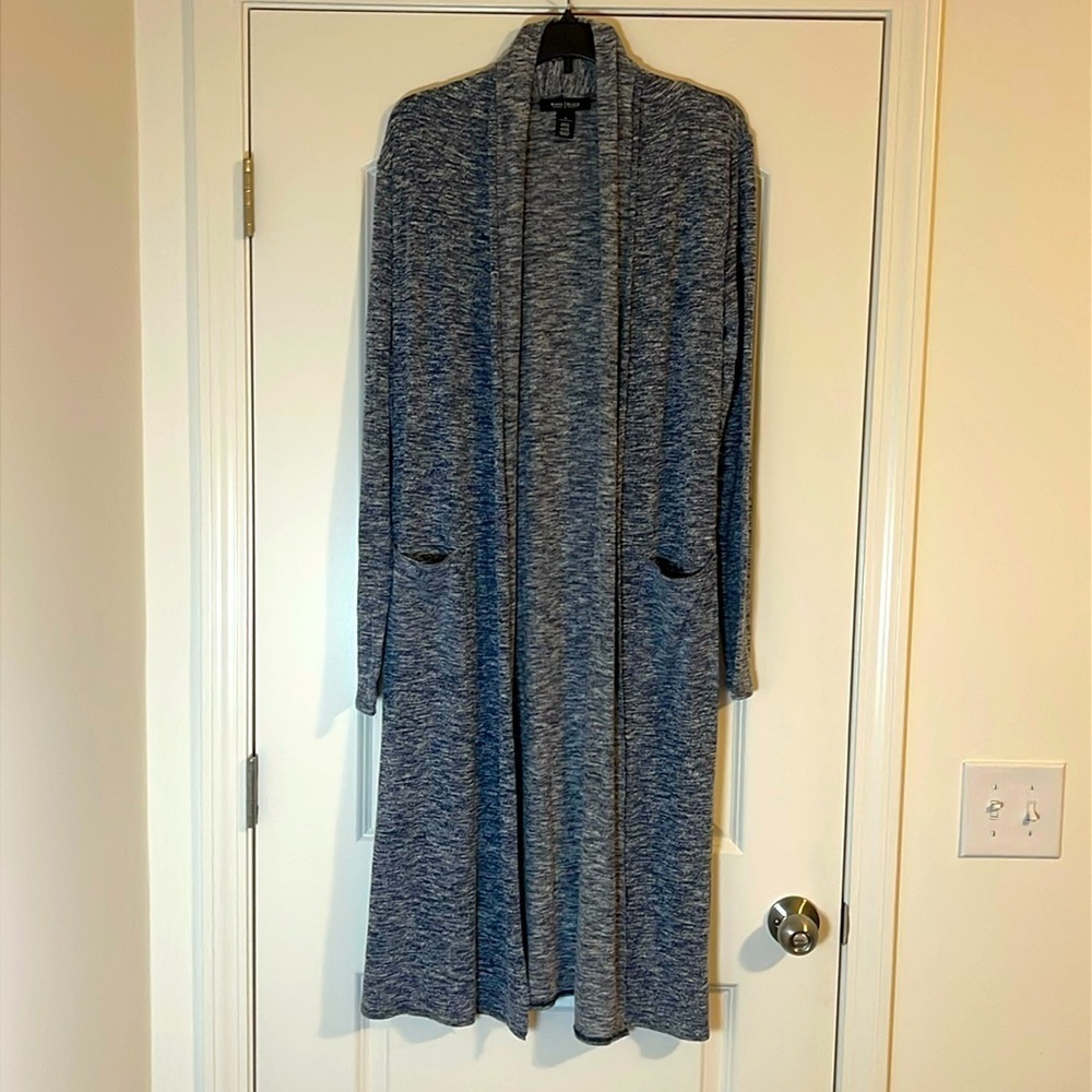 White House Black Market Blue/White Open Front Duster Sweater Cardigan Size M